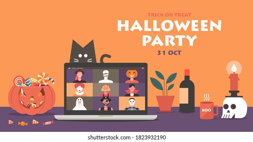 Online Halloween party concept banner on laptop screen, people in horror costumes have video conferencing to celebrate festival with pumpkin and cat, flat vector illustration