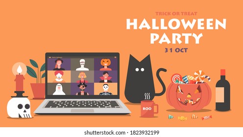 Online Halloween party concept banner, people in horror costumes on laptop screen have video conference to celebrate festival, friends meeting together on video call, flat vector illustration