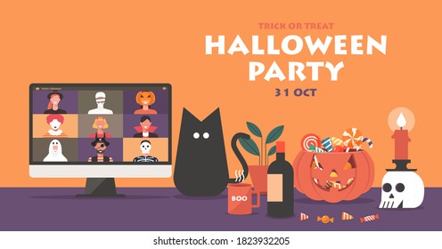 Online Halloween party concept banner, people in horror costumes connecting together with video conference or video call on computer screen from home with pumpkin and skull, flat vector illustration