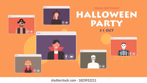 Pancarta de concepto de la fiesta de Halloween en línea, personas con diferentes disfraces que se conectan y discuten juntos en videollamadas, ilustración vectorial plana