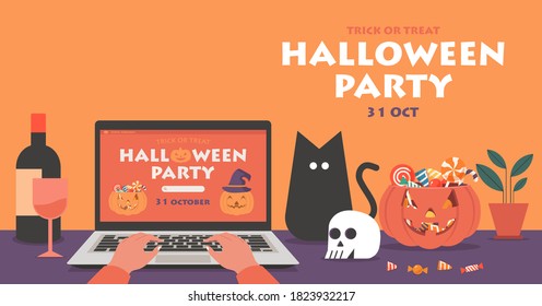 Online Halloween party concept banner, human hand using laptop to celebrate festival at home and decorate with skull, candle, pumpkin, and candy, flat vector illustration