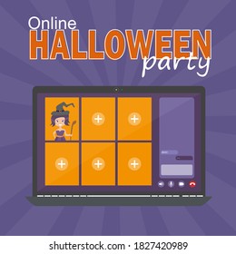 Online Halloween party concept, computer screen have video conference to celebrate, video call with funny witch, flat vector illustration