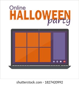 Online Halloween party concept, computer screen have video conference to celebrate, video call template, flat vector illustration