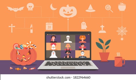 Online Halloween party concept on laptop computer screen, people in horror costumes have video conferencing and spending time together to celebrate festival with icon, flat vector illustration