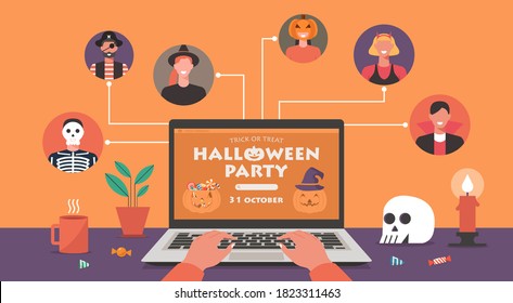 Online Halloween party concept on laptop screen, people in horror costumes connecting together with video conference to celebrate festival with skull, and candle, flat vector illustration