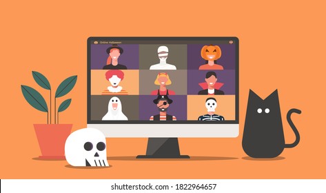 Concepto de la fiesta de Halloween en línea, personas con disfraces de horror que se conectan con videoconferencia o videollamada en pantalla de computadora desde casa con gato y cráneo, ilustración vectorial plana