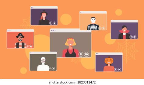 Concepto de fiesta de Halloween en línea, personas con diferentes disfraces que se conectan y discuten juntos en videollamadas, ilustración vectorial plana