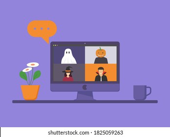 Concepto de la fiesta de Halloween en línea, personas con disfraces de horror en pantalla de computadora tienen videoconferencia para celebrar el festival, amigos reunidos o conectados en videollamadas, ilustración plana vectorial