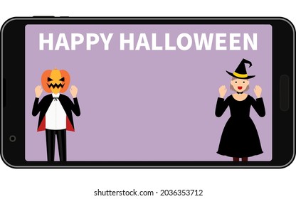 Online Halloween party, jack-o-lanterns and witches on your phone