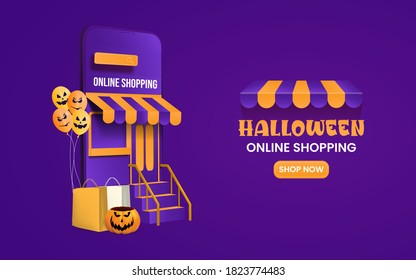 Online halloween sale banner, online shopping on mobile phone and website.