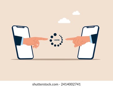 Online hands reaching out, pointing finger, with loading icon. Flat vector illustration