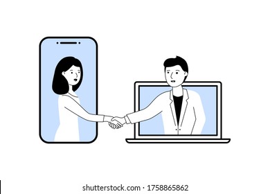 online handshake man and woman. concept of success, building strategy, web help, exchange of ideas, leadership offer or remote cooperate. conclusion contract between two characters. simple flat sign