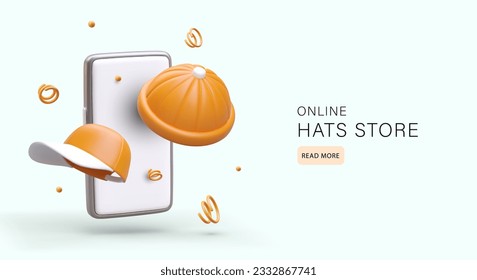 Online hat store. Cute design style, floating objects, springs, balls. Advertising with transition to landing page. Modern technology and electronic commerce