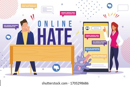 Online Hate, Discrimination, Bulling in Internet, Psychological Pressure, Blaming, Aggression in Social Network Concept. Man, Woman Characters Worried Because of Haters Trendy Flat Vector Illustration