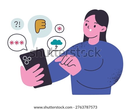 Online hate scene, flat cartoon young woman character in shock looking at negative comments and dislikes on social media. Cyberbullying and internet hate, toxic online behavior vector illustration