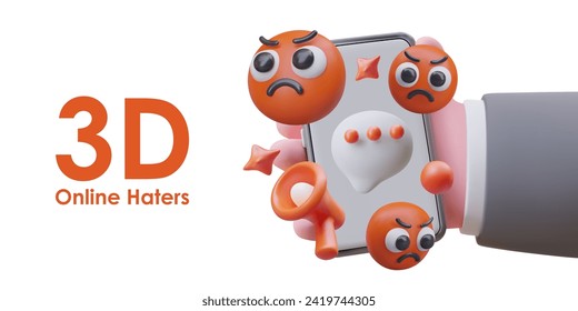 Online haters. 3D hand holding smartphone with red angry emoticons