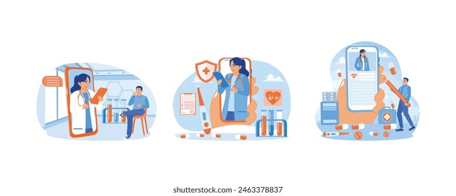 Online health app. Providing online medical services to patients. Health documents on mobile phone screen. Online Medical Consultation concept. Set flat vector illustration.