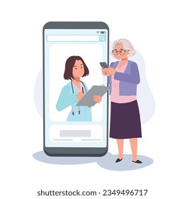 Online health care concept. Elderly woman texting with doctor.  Mature Woman Seeking Medical Advice via Messaging.