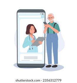 Online health care concept. Elderly man texting with doctor.  Mature man Seeking Medical Advice via Messaging.