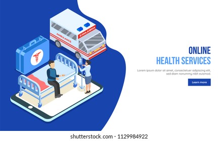 Online health care concept, isometric view of nurse and patient with first aid box and ambulance for Online Health Service website landing page.