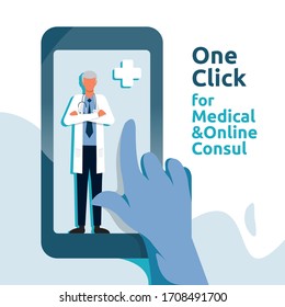 Online Health Care Service And Medical Advice. Call And Chat Doctor Diagnostic Consults Support Concept. Template For Web Landing Page, Banner, Presentation, Social, Poster, Promotion Or Print Media