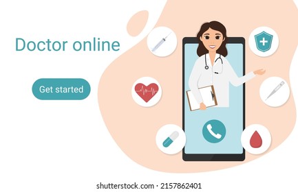 Online Health Care Services landing page. Female doctor through the phone screen. Tele medicine, online doctor and medical consultation concept. Flat cartoon style vector illustration. 