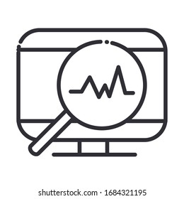 online health, computer magnifier pulse cardiology vector illustration covid 19 pandemic line icon
