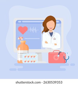 Online Health Concept, Consultation and Medical Treatment through Application Connected to Smartphone or Computer. Illustration in flat style.