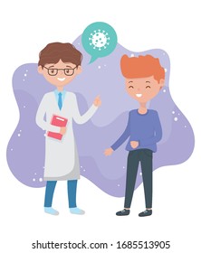 online health, doctor and patient talking virus covid 19 coronavirus vector illustration