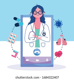 online health, female doctor medical assistance professional vector illustration covid 19 pandemic