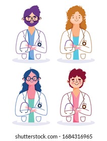 online health, female and male doctor professional staff characters vector illustration covid 19 pandemic