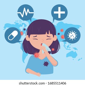 online health, girl with cough covering with tissue paper covid 19 coronavirus vector illustration