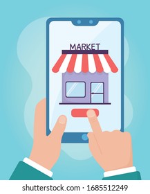 online health, hands with smartphone market buying covid 19 coronavirus vector illustration