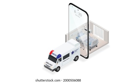 Online health insurance concept Presented by an ambulance with a hospital bed on a smartphone about purchasing insurance through applications and providing services of insurance company via on mobile