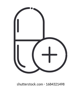 online health, medicine capsule medical vector illustration covid 19 pandemic line icon