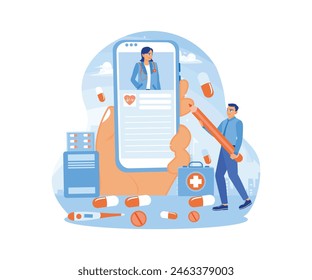 Online health services. Man filling out health documents on mobile phone screen. Online Medical Consultation concept. Flat vector illustration.