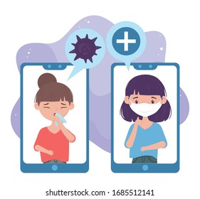 online health, smartphone coughing sick women wearing mask covid 19 coronavirus vector illustration
