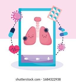 Online Health, Smartphone Lung Disease Medicine Vector Illustration Covid 19 Pandemic