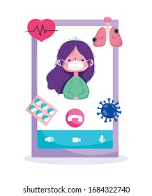 online health, smartphone patient with mask. vector illustration covid 19 pandemic