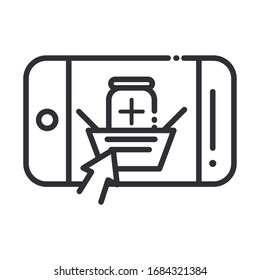 online health, smartphone shopping basket pharmacy app vector illustration covid 19 pandemic line icon
