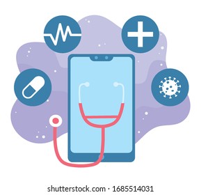 online health, smartphone stethoscope capsule virus medicine covid 19 coronavirus vector illustration