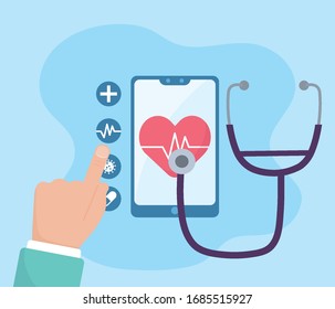 online health, smartphone stethoscope diagnostic analysis covid 19 coronavirus vector illustration