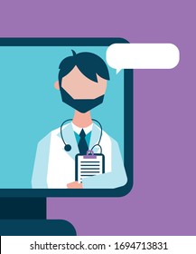 online health technology with doctor in desktop vector illustration design
