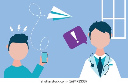 online health technology with man using smartphone and doctor vector illustration design
