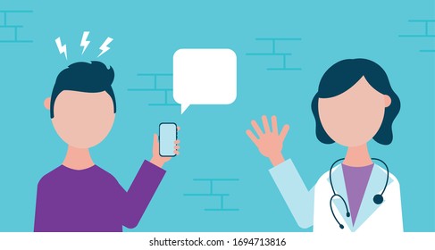 online health technology with man using smartphone and doctor vector illustration design