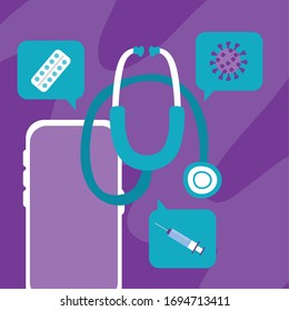 online health technology with smartphone and stethoscope vector illustration design