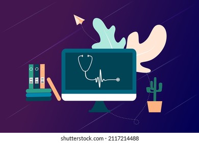 Online health tele medicine flat illustration. Online medical healthcare consultation and treatment via application of computer connected internet clinic. Online ask doctor consultation technology.