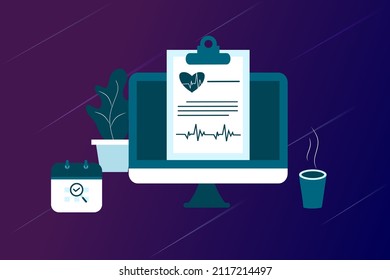 Online health tele medicine flat illustration. Online medical healthcare consultation and treatment via application of computer connected internet clinic. Online ask doctor consultation technology.