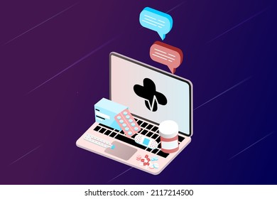 Online health tele medicine flat illustration. Online medical healthcare consultation and treatment via application of computer connected internet clinic. Online ask doctor consultation technology.