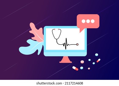 Online health tele medicine flat illustration. Online medical healthcare consultation and treatment via application of computer connected internet clinic. Online ask doctor consultation technology.